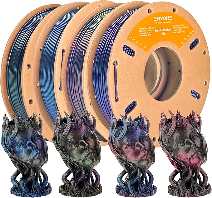 ERYONE PLA Filament 3D Printer Filament Bundle Multicolor 1.75mm +/- 0.03mm, PLA Filament 250g Spool, 4 Rolls, Burnt Titanium Rainbow