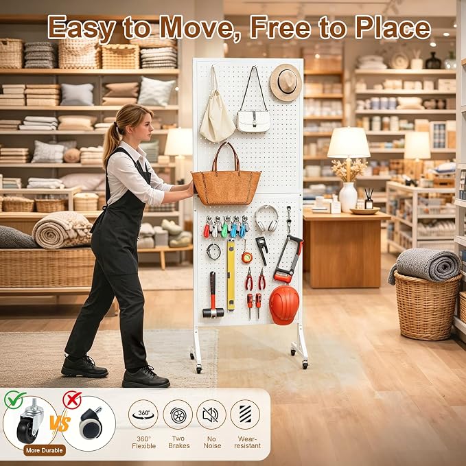 Metal Pegboard Display Stand 66" x 24”, Pegboard Shelf with 30 Hooks, 4 Wheels and 4 Leveling Feet, Peg Board Panels Display Rack for Retail Store, Craft Show, Garage, Jewelry Organizer, White