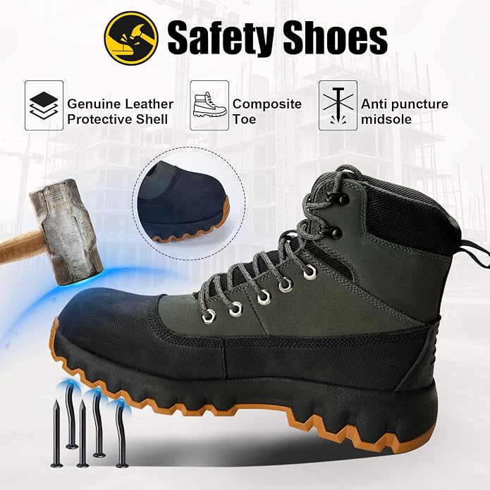 Mens work boots Composite Toe Boots for Men Genuine Leather Rubber Sole No Slip Waterproof Shoes Industrial & Construction Safety boots