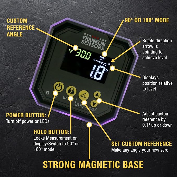 Franklin Sensors Light Cube, Digital Angle Gauge and Level, Turns Green When Level and Blue at Custom Reference Angles, Finds and Measures at 0 – 90 and 0 – 180 Degrees (No Case)