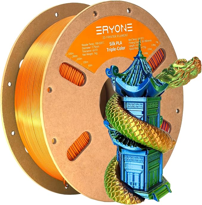 ERYONE Silk Tri Color PLA Filament 3D Printer 1.75mm +/- 0.03mm, Multicolor Filament Tricolor PLA 1KG(2.2lbs) Cardboard Spool, Orange Blue Green