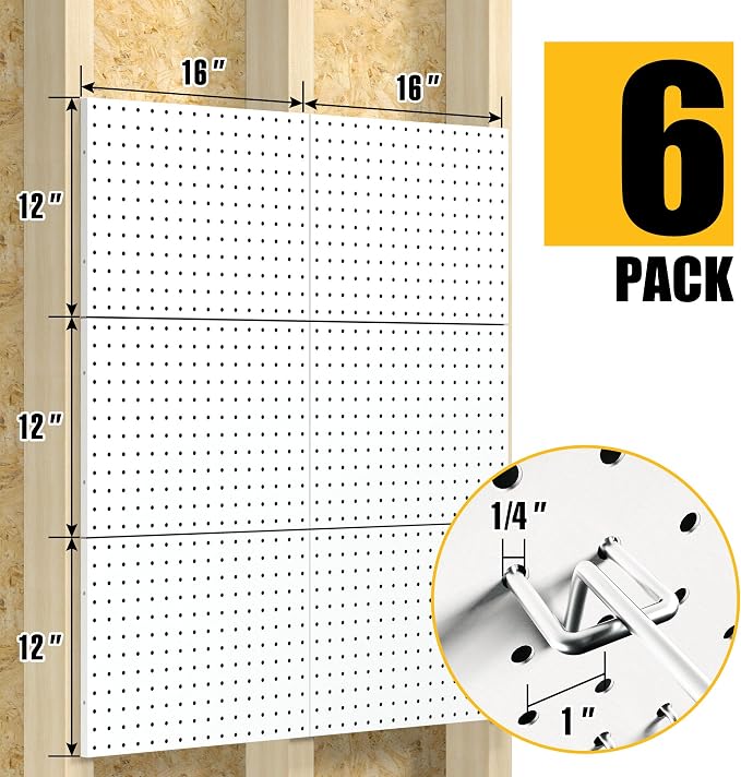 Spampur Peg Board, 6 Pack Metal Pegboard Panels White Pegboards Wall Organizer with 50 Hooks, Heavy Duty Peg Board for Walls Home, Garage Tool Storage, Office Organization, Craft Room, Kitchen