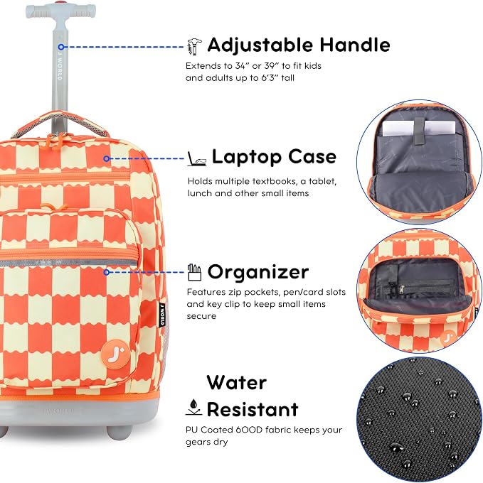 J World Sundance Laptop Rolling Backpack for Girls Boys. Roller Bookbag with Wheels, 20 Inch, Wiggle Coral