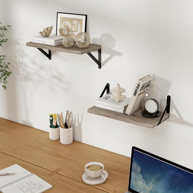Floating Shelves 8 Inch Deep, 16W x 8D Wall Shelf Set of 2, 35 lbs Heavy Duty Reversible Metal Brackets, Industrial Book Shelf for Living Room Kitchen Bathroom Bedroom Gallery Wall, Grey
