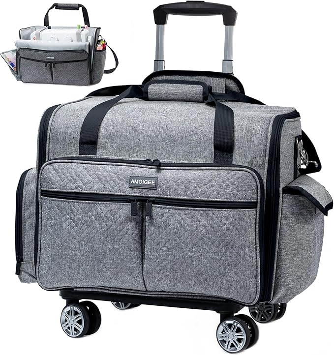 AMOIGEE Full-Open Sewing Machine Case with Wheels, Large Rolling Sewing Machine Bag with Detachable Foldable Dolly, Heavy-Duty Embroidery Tote for Brother Singer Janome Standard Machines Storage