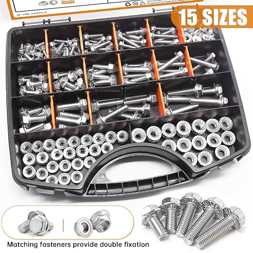 mankk 244PCS 304 Stainless Steel Metric Flange Bolts and Nuts Assortment Kit M5/M6/M8(10mm to 35mm) Hex Bolts and Nuts Kit for Automotive