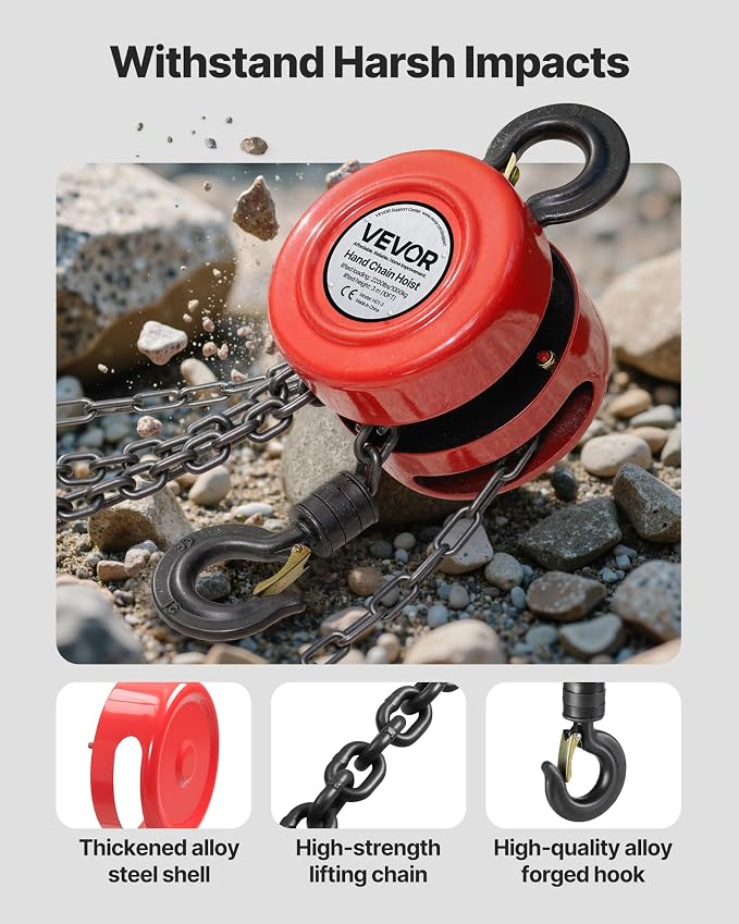VEVOR Hand Chain Hoist, 1 Ton 2200 lbs Capacity, Manual Chain Block with Upgrade G70 Galvanized Chain, 10 ft Lifting Height, Heavy Duty Pulley Hoist for Garage Warehouse Automotive Machinery, Red