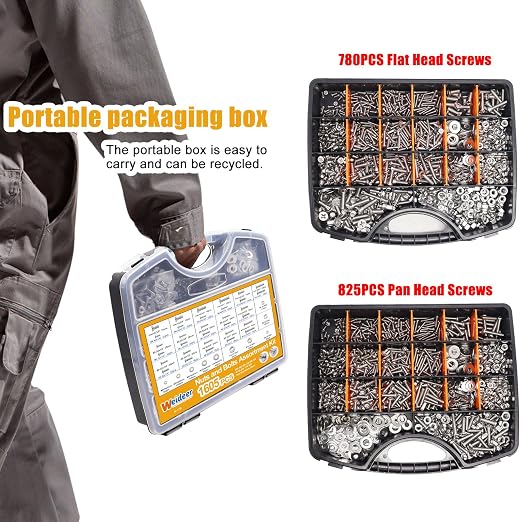 weideer 1605PCS Machine Screws Assortment Kit, 304 Stainless Steel Nuts and Bolts,Phillips Pan Head and Flat Head Screws with Nuts, Bolts,Washers,Organizer Box #4-40#6-32#8-32#10-24#1/4-20