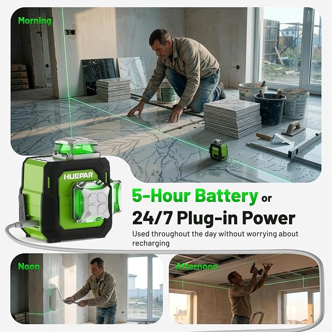 Huepar New 3D Laser Level 360° Self Leveling, 5 Years Warranty, Smaller Size, Better Value, 3x360 Green Laser Level 12 Lines, Rechargeable, Outdoor Pulse Mode, Cross Line for Construction ST03CG