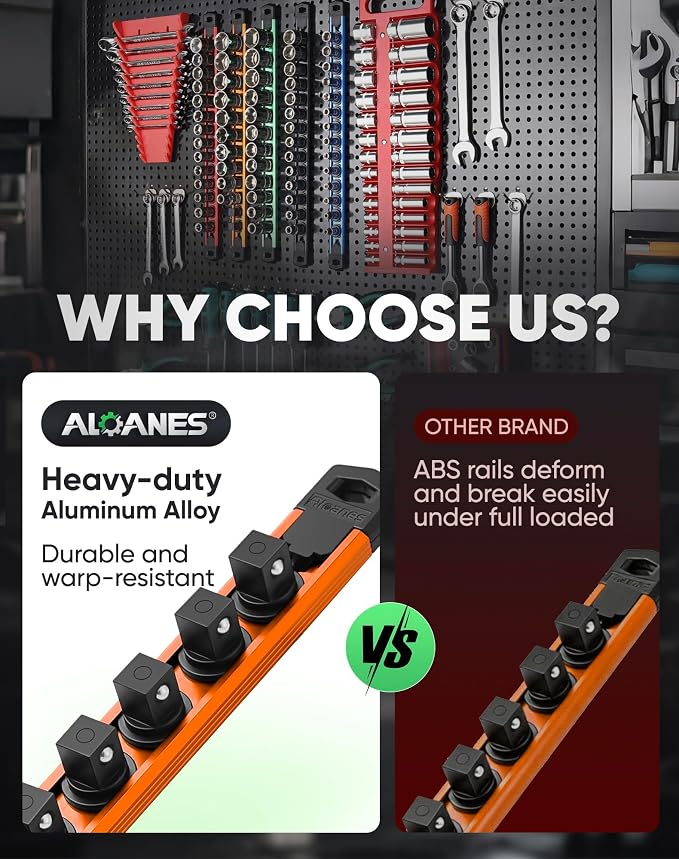 ALOANES Magnetic Socket Organizer Set, 3-Piece Heavy Duty Aluminum Socket Rails, 360° Swivel Clips Socket Rail Kit for Tool Tray Drawer Fit 1/2-Inch x 36 Clips (Orange, 3PC)