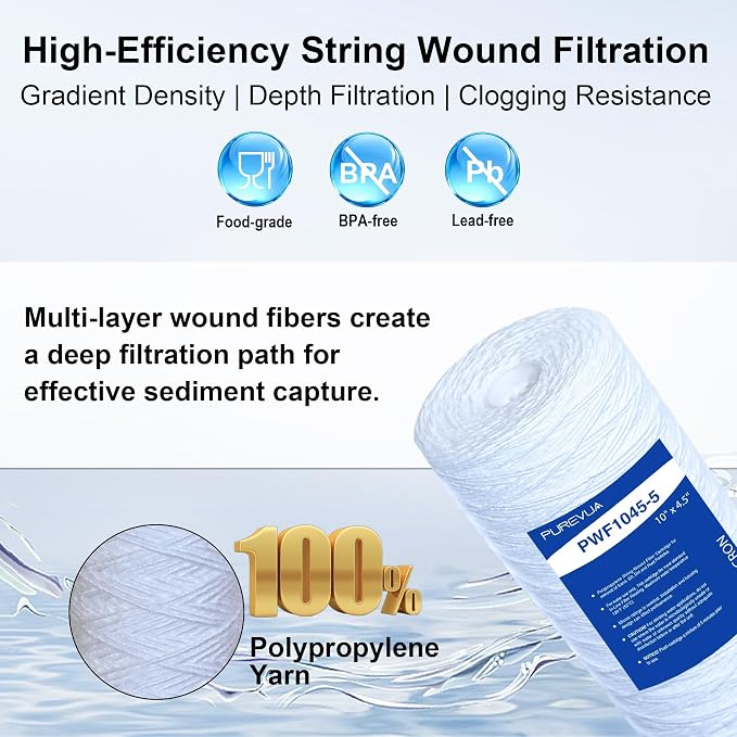 5 Micron 10"x4.5" String Wound Sediment Filter, Whole House Water Filter Cartridge for Well Water, Compatible with WP5BB97P, RS22, SWC-45-1005, Fits Standard 10" Big Housings, 4 Pack