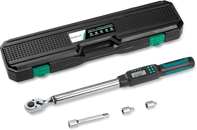 1/2” Digital Torque Wrench Set 7.5-250.8 ft-lb/10.2-340 Nm, ±2% Accuracy, LED & Buzzer Alerts, with 3 Adapters (1/4", 3/8"& Extension Bar), Industrial CR-V Steel for Car, Motorcycle, Bike Repair