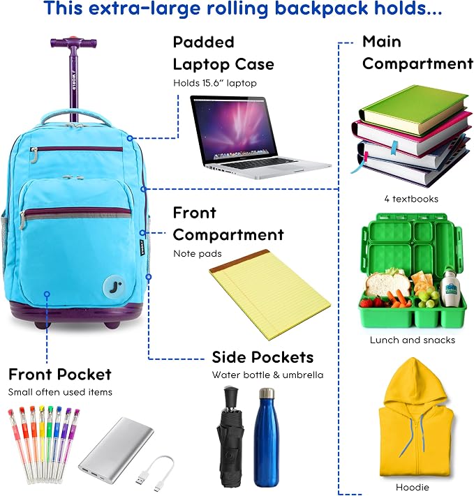 J World Sundance Laptop Rolling Backpack for Girls Boys. Roller Bookbag with Wheels, 20 Inch, Sky Blue