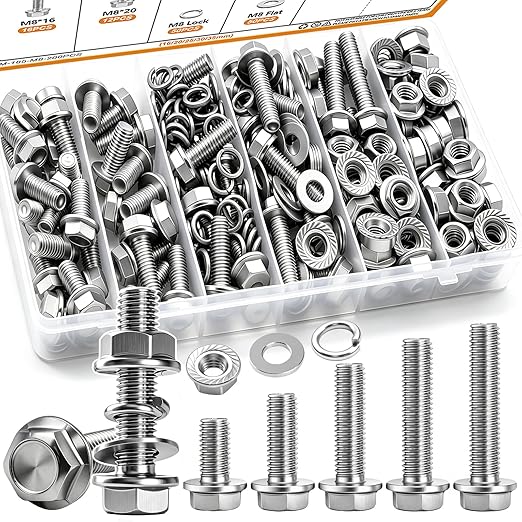 mankk 200PCS Flange Head Bolts Assortment Kit M8x1.25 Bolt (Length 16/20/25/30/35mm) Metric Bolt Stainless Steel Hex Head Bolts and Serrated Flange Nuts Kit Full Thread M8 Bolt