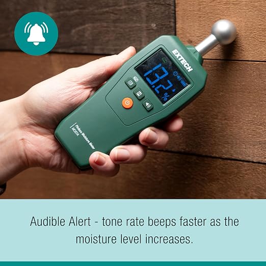 Extech MO57A Compact Pinless Ball Probe Moisture Meter - Non-Destructive Spherical Sensor Tester for Water Damage, Wood and Drywall, Up to 4-Inch Depth Detection with Audible Alert