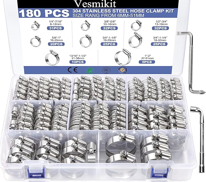 Hose Clamp Assortment- Vesmikit 180 PCS Stainless Steel Hose Clamps Kit 1/4"–2"(6-51mm) Worm Gear Clamps for Fuel Line, Plumbing, Automotive, Mechanical Applications, Pipe, Tube, Radiator, Garden