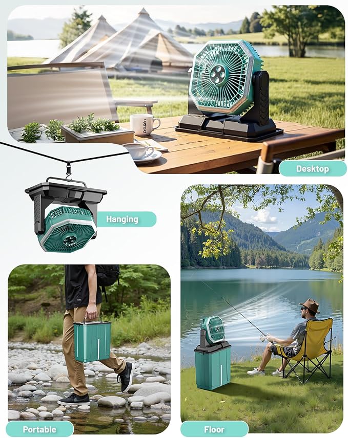 Allsion Rechargeable Misting Fan, 24000mAh Camping Misting Fan with 8L Water Bucket, 3-Speed Outdoor Cooling Fan with LED Lights, 120°Oscillation for Camping, Backyard, Patio, Outdoor, Blue-Green