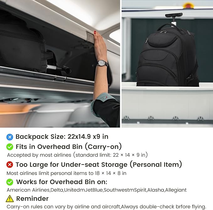 Boavan Rolling Backpack,17 inch Water Resistant Wheeled Backpack,Carry on Luggage Business Bag, Overnight College Computer Trolley Suitcase for Men Women Adults to Travel，Black