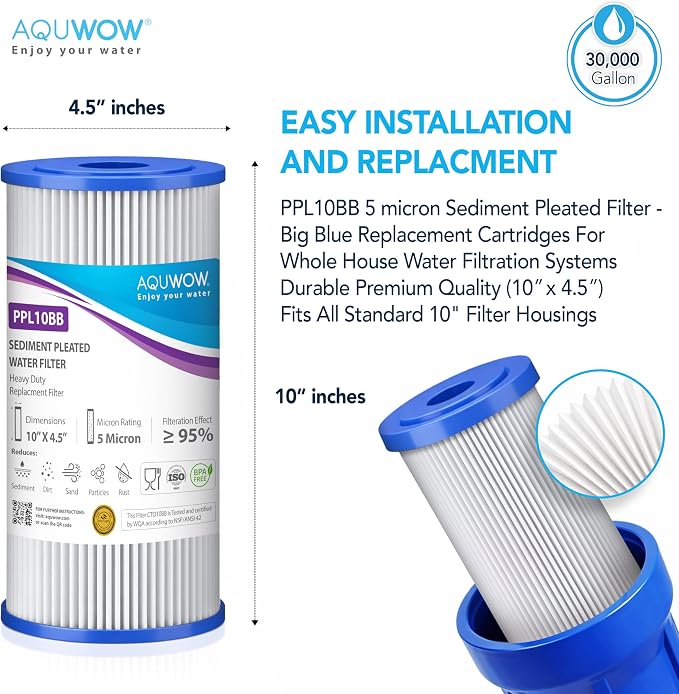 PPL10BB 5 Micron 4.5" x 10" Sediment Pleated Water Filter Set – Big Blue Replacement Cartridges for Whole House Water Filtration Systems Durable Premium Quality (3, 10 x 4.5)