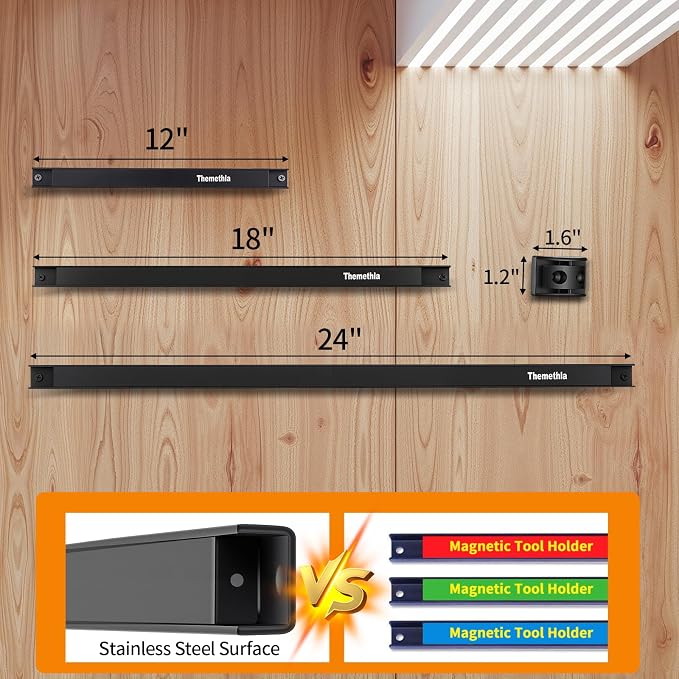 12" Magnetic Tool Holder Strip, 4 Pieces Black Metal Tool Organizer Rack with Stainless Steel Surface, Magnet Bar for Garage Workshop, Easy To Install with Mounting Screws