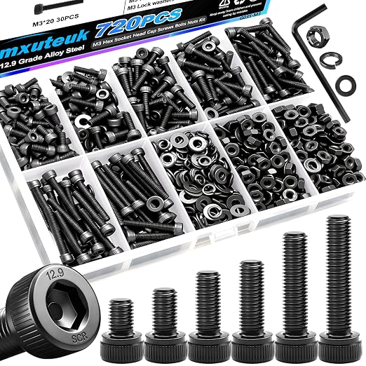 mxuteuk 720PCS M3 Screws Kit,M3×6/8/10/12/16/20mm M3 Screws Assortment Kits,12.9 Alloy Steel M3 Hex Socket Head Bolts Nuts Washers Set Suitable for 3D Printer,DIY