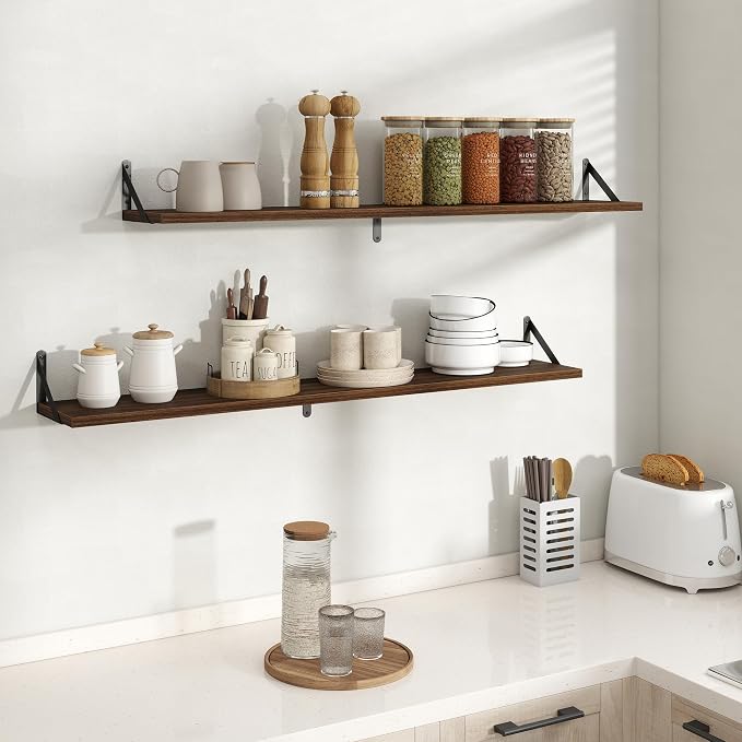 Floating Shelves 8 Inch Deep, 48W x 8D Wall Shelf Set of 2, 70 lbs Heavy Duty Reversible Metal Brackets, Industrial Book Shelf for Living Room Kitchen Bathroom Bedroom Gallery Wall, Walnut