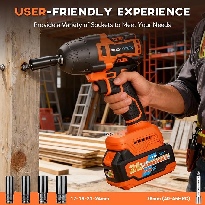 Protmex 900Ft-lbs (1200N.m) Impact Wrench, 1/2" Cordless Impact Driver, 21V High Torque Power Impact Gun - 2x4.0Ah Batteries, Variable Speeds Impact Motor for Pickup Truck/Family Car (Orange Red)