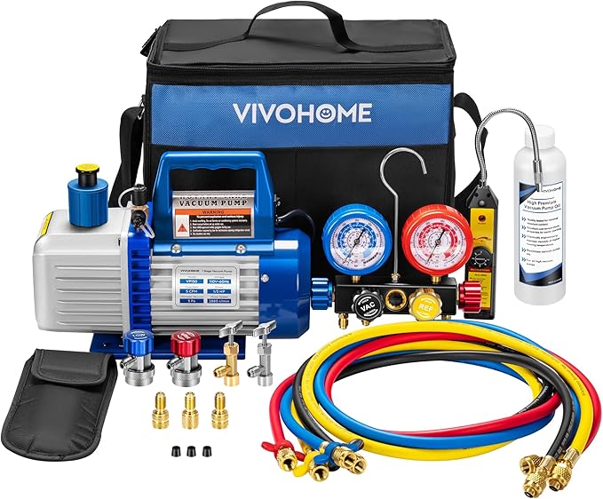 VIVOHOME Upgraded 5CFM 1/3 HP 1-Stage HVAC Vacuum Pump and 4 Way AC Manifold Gauge Set with Leak Detector 5ft Hoses for R134a R12 R22 R502 R410a, Mini Split & Car Air Conditioner Maintenance