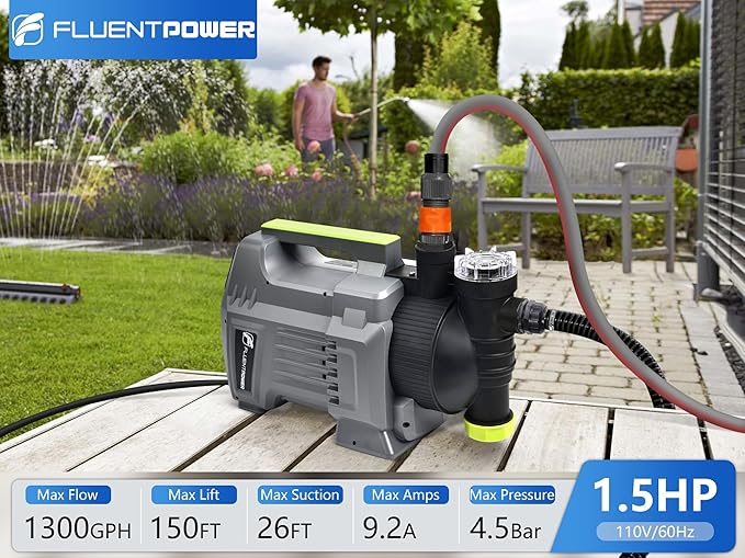 FLUENTPOWER Shallow Well/Deep Garden Pump, 1.5HP 1300GPH Portable Water Booster Jet Pump with Automatic Pressure Switch for Home, Garden, Lawn, Sprinkler Irrigation, Lift 150FT