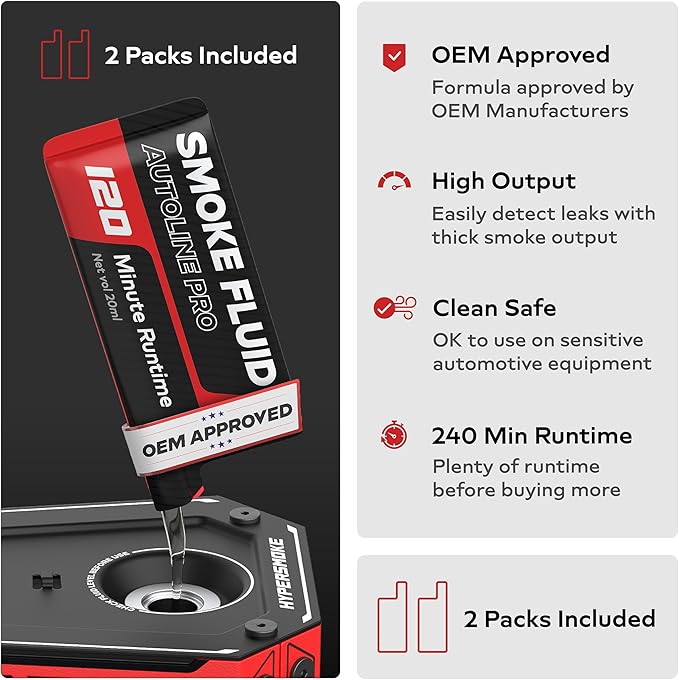 AutoLine Pro HyperSmoke™ Automotive Smoke Machine EVAP Vacuum Leak Tester – Adjustable Pressure – OEM Approved Smoke Fluid – Built-in Air Compressor Motor – Includes Gas Cap Adapter for EVAP Leaks.
