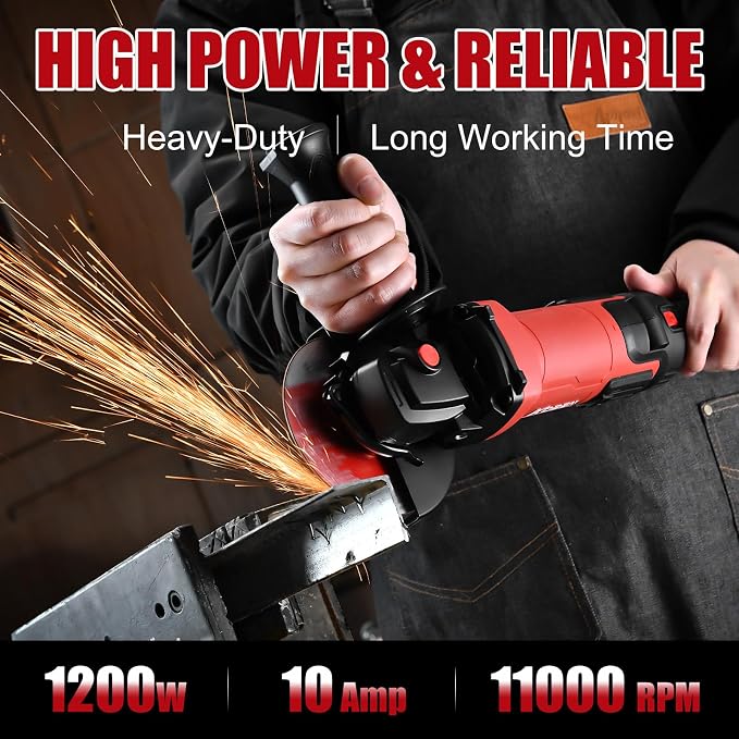 AOBEN 1200W Angle Grinder 4-1/2 inch | 10Amp, 11000 RPM, 7-Speed Corded Power Electric Cut off Tool with Switch Lock | for Heavy Duty Work & Metal Cutting, Grinding & Polishing