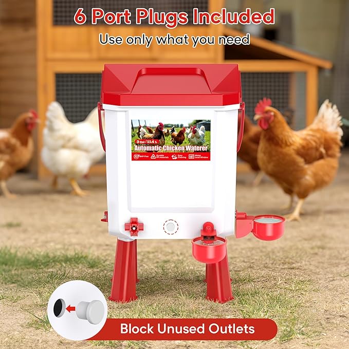 3 Gallons Automatic Chicken Waterer with 8 Chicken Water Cups, 8 Nipples, 6 Plugs, Float-Controlled Chicken Water Feeder with 60 Inch 3/4'' Water Hose, Poultry Waterer Perfect for Chicks, Duck, Goose