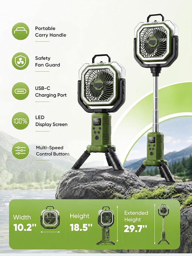Portable Misting Fan, Rechargeable Camping Fan with 400ml Tank, 20000mAh Battery, Remote Control, LED Light, 4 Speeds, Oscillating Outdoor Fan for Tent, Patio, Beach, RV, Garage, Indoor Outdoor, Green