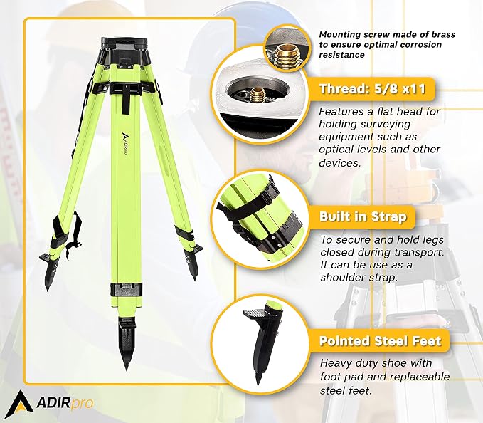 AdirPro Laser Level Tripod - Universal Heavy Duty Survey & Transit Tripod - 5/8" x 11" Thread - Quick Clamp - Aluminum Construction for Lasers & Levels (Green)