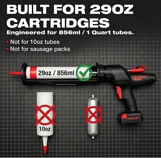 Heavy Duty Caulking Gun | 12V Cordless Drive | 29oz Cartridges 856ml 1 Quart | 450lbs Thrust | No Drip Professional Calking for Painters, DIYers, Automotive, Contractors