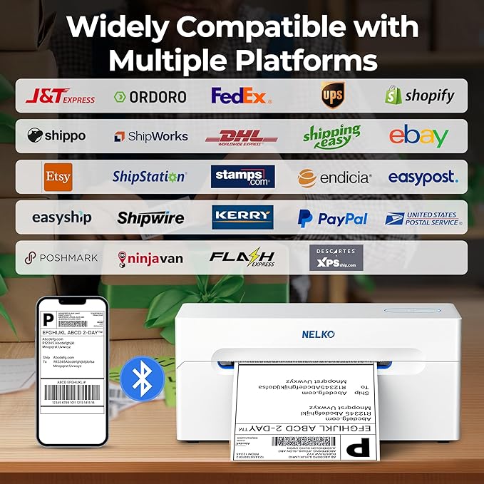 Nelko Bluetooth Thermal Shipping Label Printer, Wireless 4x6 Shipping Label Printer for Small Business, Support Android, iPhone and Windows, Widely Used for Amazon, Shopify, Etsy(White)