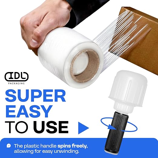 IDL Packaging 5" x 1000' Stretch Wrap Mini Roll of 80 Gauge (Pack of 8 Rolls) with Plastic Reusable Handle - Extra Sticky Clear Stretch Wrap Film - Tear-Resistant Plastic Wrap for Moving