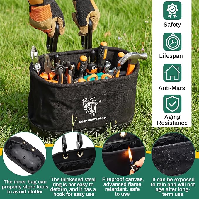 Vesici 2 Pcs Black Canvas Bucket Bag Including Hooks Lineman Aerial Oval Tool Bucket with Black Polypropylene Bottom 15 Interior Pockets Tool Organizer for Industrial Maintenance Construction Sites