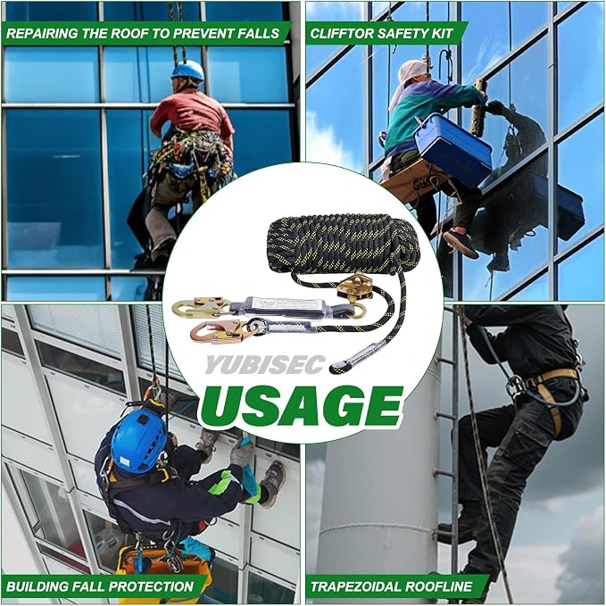 Vertical Lifeline Assembly 50FT, Polyester Rope Harness Safety with Two Grab Snap Hooks Shock Absorber, Fall Protection Safety Rope for Roofing Work, ANSI Compliant
