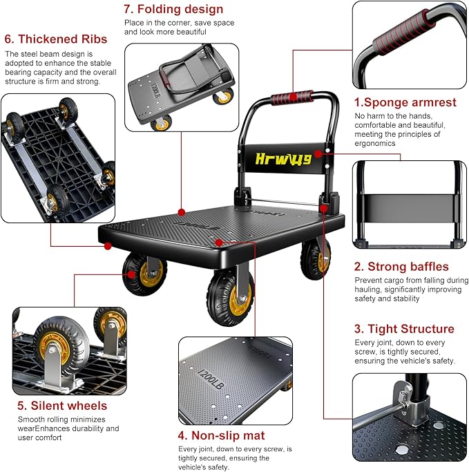 Push Cart, Folding Mobile Platform Trolley (Black) | 360° Swivel Wheels,35.4 “L x 23.6 ”W, 1323 lb.Grey Dolly cart with Wheels