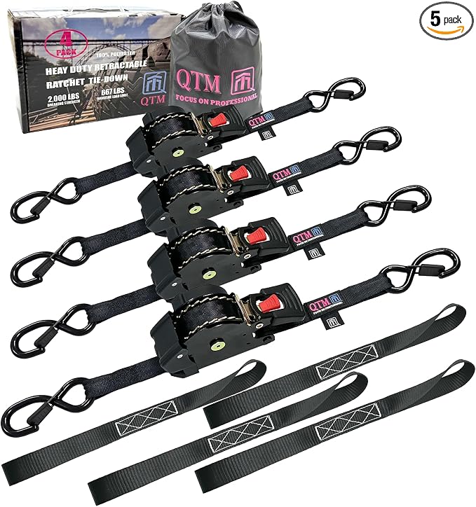 QTM QTM 4-Pack Retractable Ratchet Straps Black Heavy Duty, 1 Inch x 15 Feet with Soft Loops, 2000lbs Breaking Strength, Best Self Retracting Tie Down for Truck Cargo Trailer Motorcycle
