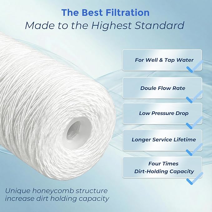 5 Micron 4.5" x 20" Whole House String Wound Sediment Water Filter Cartridge, AquaWeaver Whole House Sediment Well Water Filter Replacement for Well Water, Compatible with WP5BB20P, 2-Pack