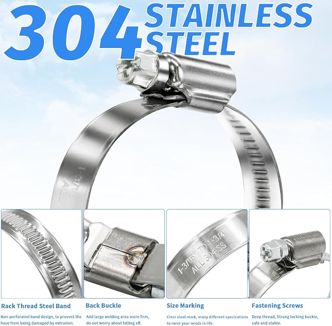 115Pcs Adjustable Stainless Steel Hose Clamps Kit, 8 Sizes 5/16"-2" (8-50mm) Worm Gear Hose Clamp, Metal Pipe Clamp for Plumbing, Mechanical, Garden, Automotive Fuel Line