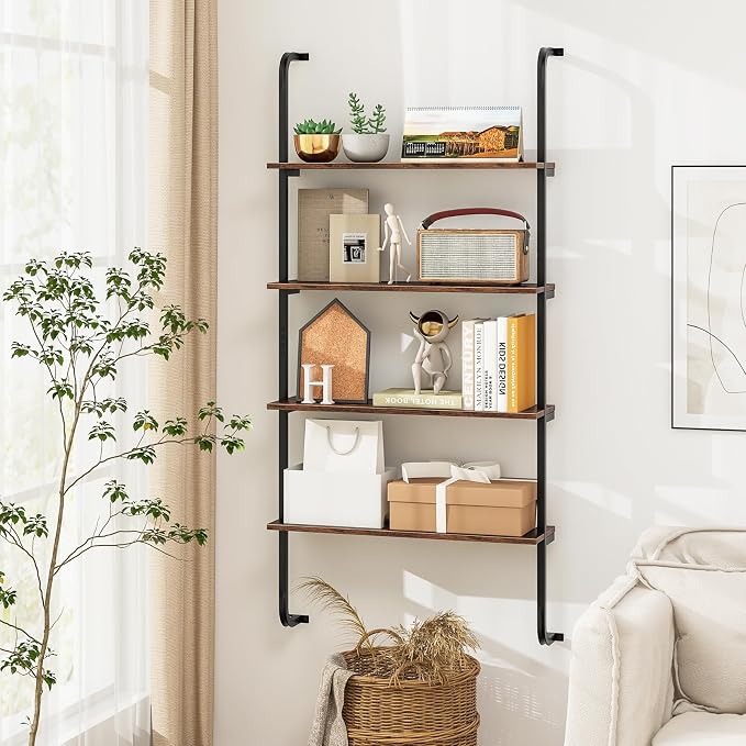 Giantex 4-Tier Industrial Bookshelf Set of 2, Wall Mounted Pipe Shelving Unit, Floating Shelves with Metal Frame, Hanging Wall Display Shelf, Wood Ladder Bookshelf for Living Room,Kitchen,Rustic Brown