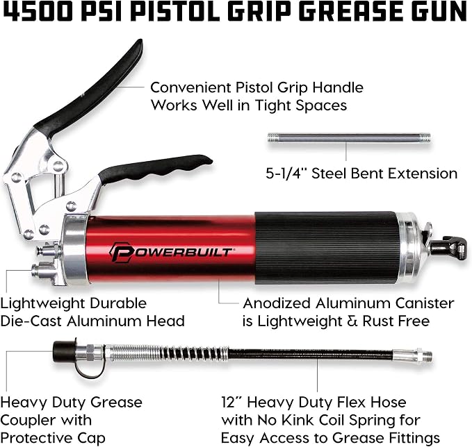 Powerbuilt 4,500 PSI Heavy Duty Pistol Grip Grease Gun, Anodized Aluminum Barrel with Rubber Grip, Includes Flex Hose, Rigid Pipe & Coupler – 940798