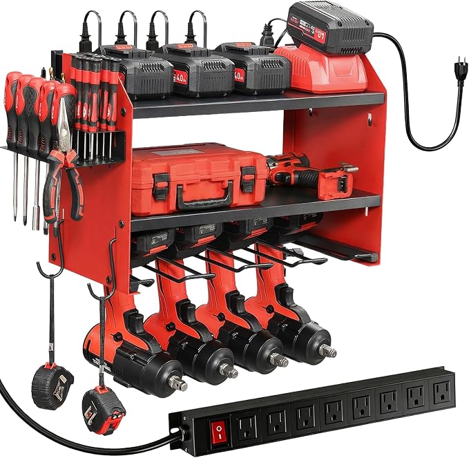 Power Tool Organizer Wall Mount with Charging Station, Heavy Duty 3 Layer Garage Tool Storage with 4 Cordless Drill Holder and 8 Outlet Power Strip, Gift for Men Husband Dad Birthday Anniversary red