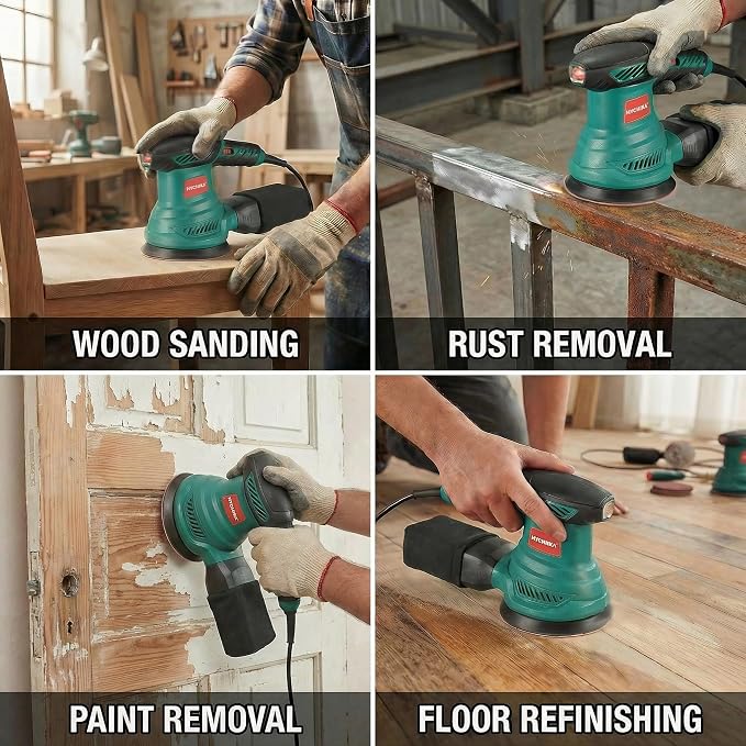 HYCHIKA 5-Inch Random Orbital Sander, 13000RPM Electric Palm Sander with 6 Variable Speeds, Powerful Motor, 12PCS Sandpapers and Efficient Dust Collection Bag, for Woodworking, Finishing and Polishing