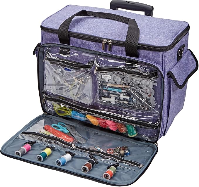 HOMEST Sewing Machine Rolling Case with Wheels and Storage Pockets | Fits Singer and Brother machines, rolling wheels and storage pockets help carry sewing accessories, Purple