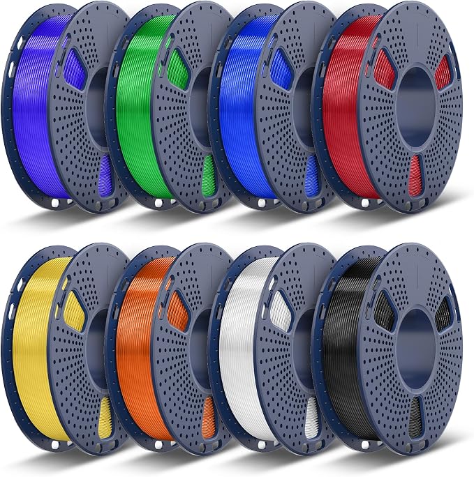 TECBEARS Translucent PLA 3D Printer Filament, PLA Filament Bundle, 0.25kg Each Spool, Total 2kg, 8 Packs, Black+White+Transparent (Red,Purple,Orange,Blue,Yellow,Green)