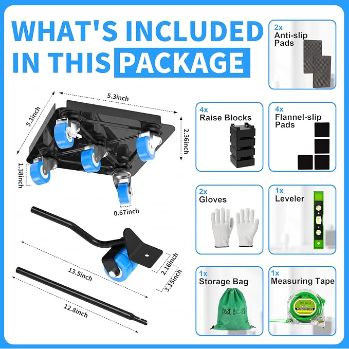 Heavy Duty Furniture Dolly 360° Rotating 5 Blue Wheels, Alloy Steel Furniture Movers Up to 3000 lbs/1360 Kg Load Capacity with Measure Tape and Leveler (5.3x5.3 in)